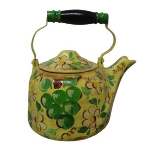Vintage Wagner Ware Sidney Colonial Tea Kettle 4 Qt Hand Painted Folk Art Signed